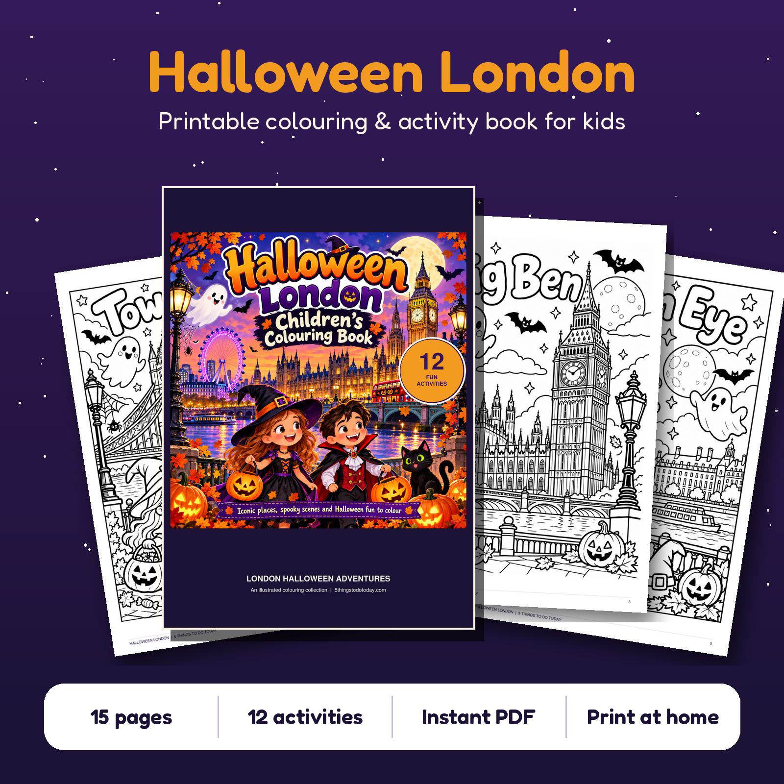 Halloween London printable colouring and activity book for kids